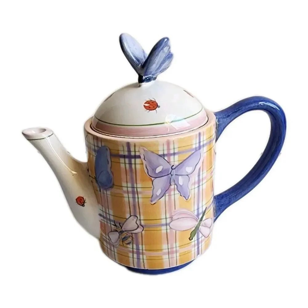 Teapot For One Butterfly Lady Bug Dragonfly Hand Painted Farmhouse Cottagecore
